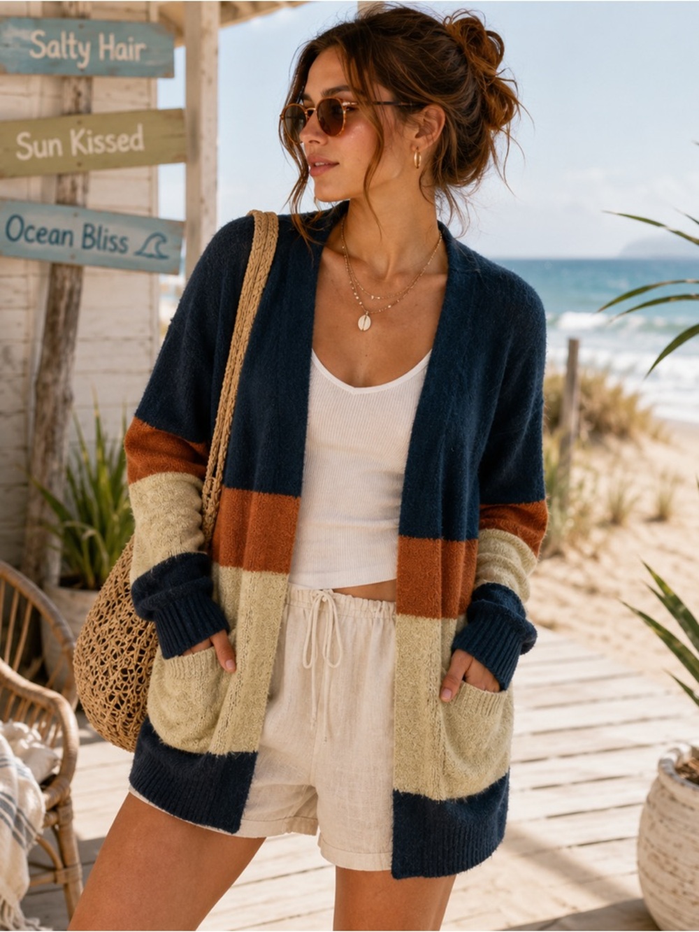 Canvas Colorblock Open Front Cardigan Sweater Navy Rust Black